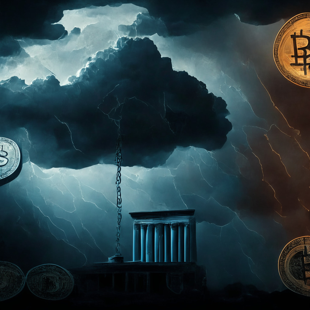 Cryptocurrency exchange under scrutiny, ominous clouds hover, SEC charges, anxious atmosphere, intricate web of regulations, Howey test ambiguity, shadow of doubt cast, potential consequences loom,11 states demand explanation, financial future uncertain, dramatic contrast, chiaroscuro lighting, desaturated color palette, cryptocurrency scales of justice, call for fair regulations, legal clarity sought.