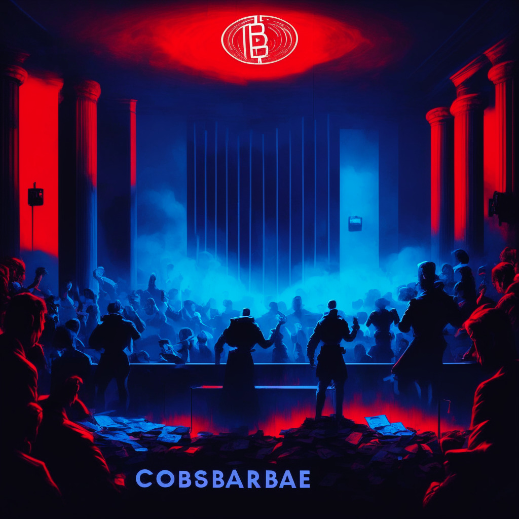 Cryptocurrency exchange under siege, dark courtroom drama, menacing SEC figures looming, Coinbase logo in shadows, intense hues of red and blue, dimly lit scene, fearful investors glancing around, air of uncertainty, distant light hinting at potential legitimacy, contrast between chaos and hope.