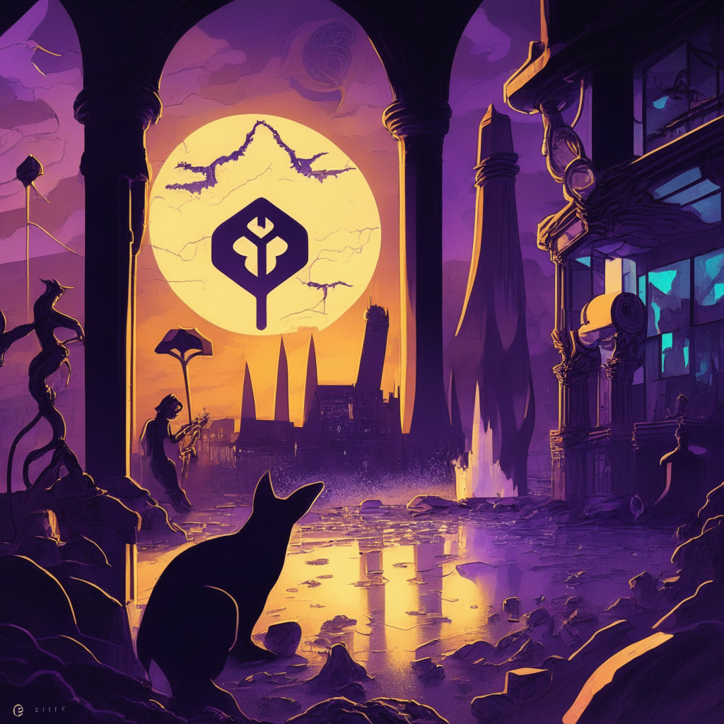 Ethereum staking scene at dusk, Coinbase in shadows, glowing competitors like Figment, RocketPool, and Kiln closing the gap, underlying tension in atmosphere, ethereal blockchain network in the background, legal gavel hinting regulatory pressure, mood of uncertainty and transition, subtle colors evoking revenue concerns, intricate Art Nouveau style.