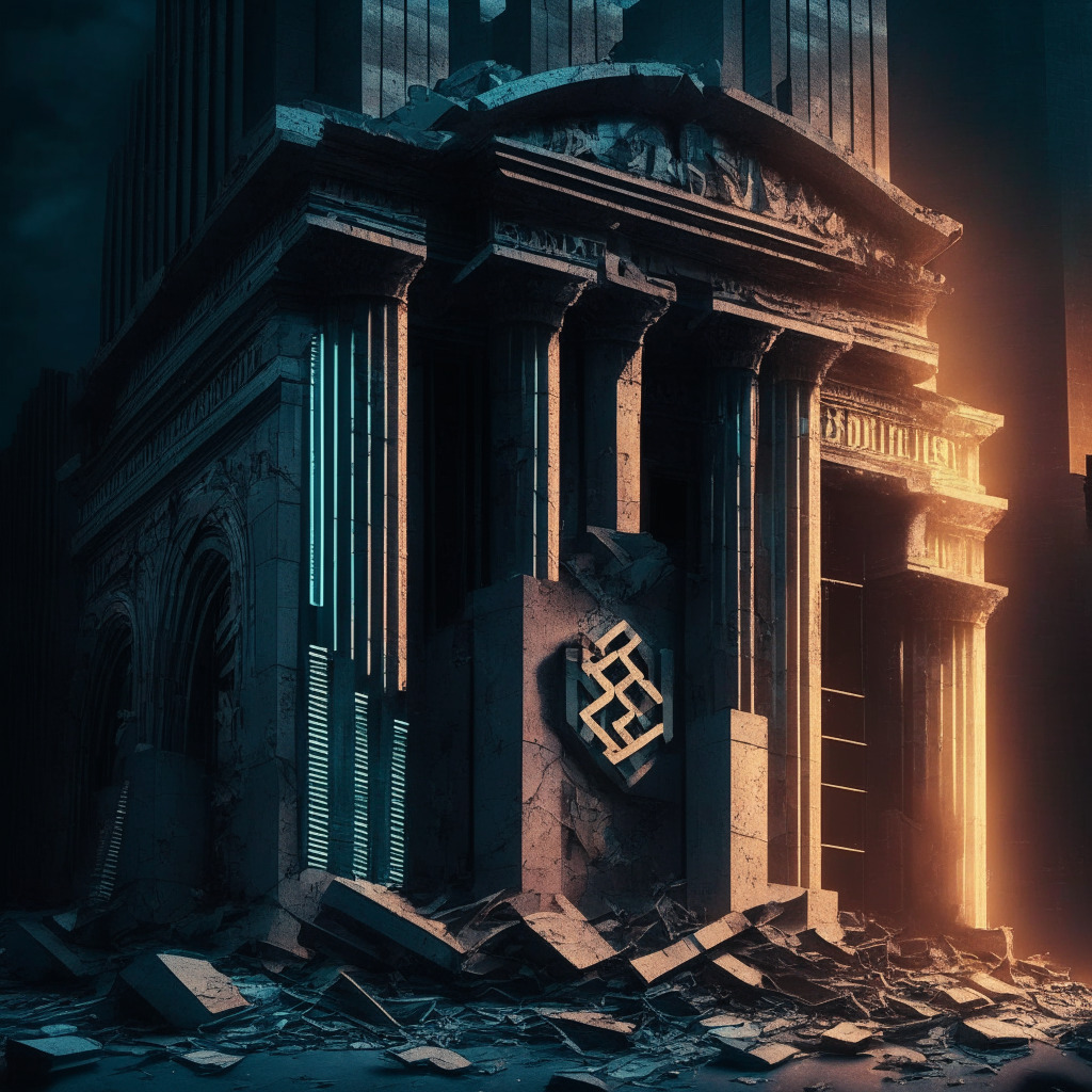 Crumbling bank façade with crypto symbols, 1920s Art Deco style, dark moody sunset, financial district skyline, tense atmosphere, contrasting light play on bank steps, worried investors & futuristic holographic screen tracking cryptocurrencies, hint of 80s cyberpunk aesthetic, thought-provoking undertones.