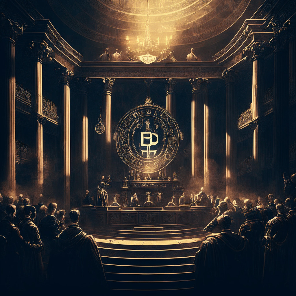 Intricate court scene, intense legal battle, opulent background with faded crypto symbols, chiaroscuro light setting, baroque artistic style, somber mood, scales of justice tipping, highlighting accountability, transparency, and regulation debate in cryptocurrency industry.