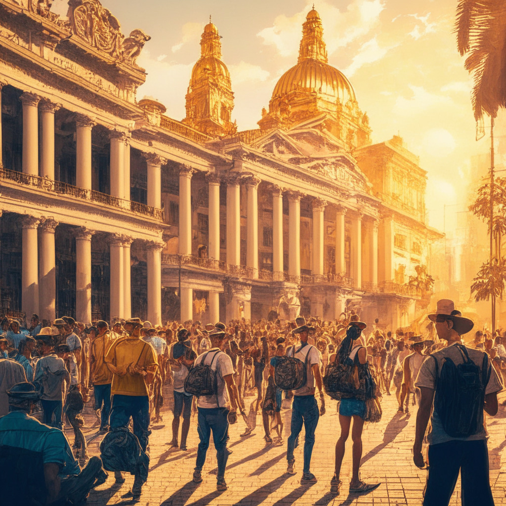Colombian cityscape with diverse people using cryptocurrencies, intricate Baroque style, golden hour light casting warm hues, Central Bank building shadowed in background, vibrant street market scene, sense of optimism yet caution, fusion of technology and tradition, currency symbols in motion, balance between crypto adoption and regulatory challenges.