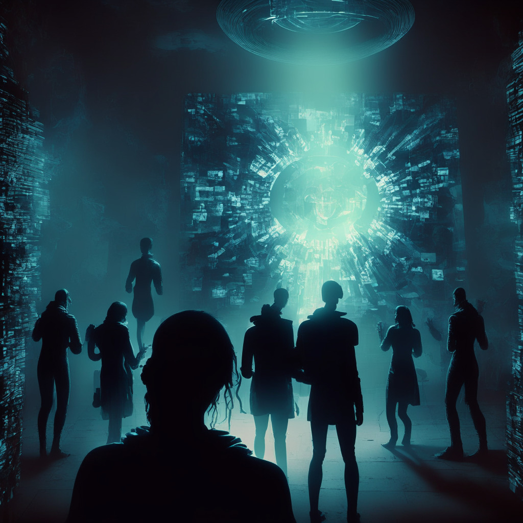 AI image generator: Futuristic scene depicting an online community fighting deepfakes, ethereal atmosphere, diverse people jointly examining large holographic images, glowing cryptographic symbols surrounding the images, dynamic shadows cast by pixelated sunbeams, melancholic yet determined mood, chiaroscuro contrasting light effects, reminiscent of Baroque and Film Noir styles.