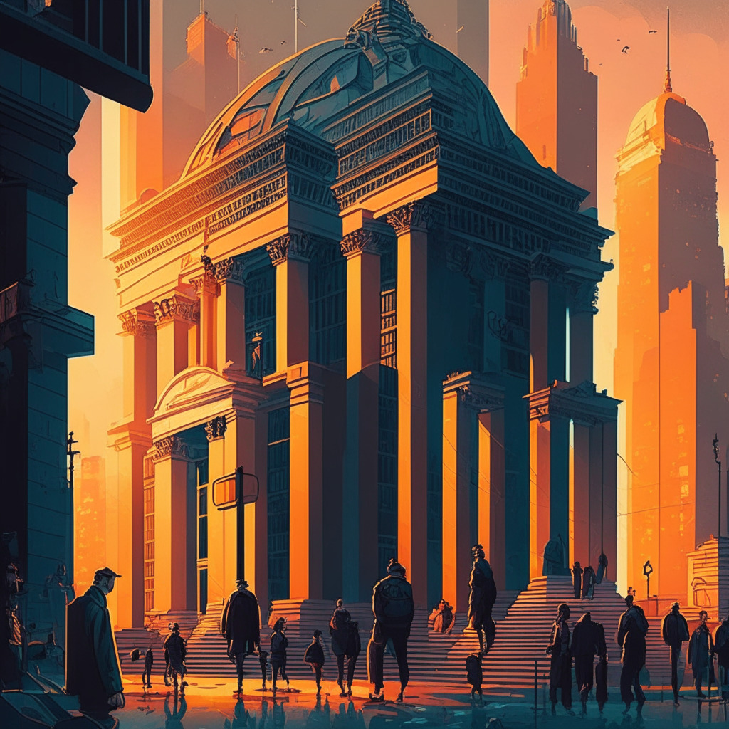 Intricate cityscape with traditional bank building, people engaging in cryptocurrency transactions, lighting at dusk with rich colors, modernist art style, a balance scale representing freedom vs. protection, uncertain yet thoughtful mood.