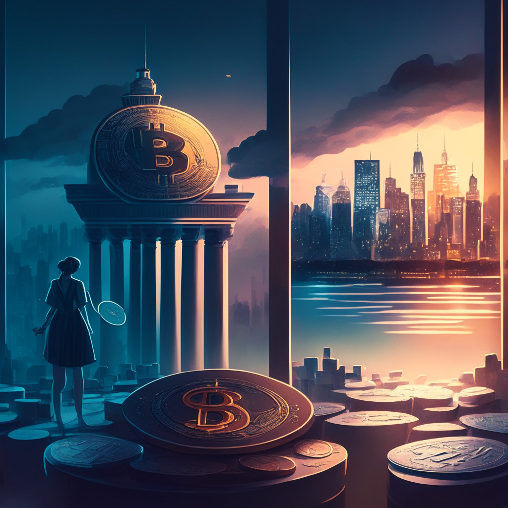 Twilight banking scene, balancing scales in foreground, crypto coins & safeguard shield on one side, upbeat city growth on the other, chiaroscuro hues, serene atmosphere, hints of cautious optimism, subtle nod to anti-scam tech & collaboration, evolving regulation & customer protection.