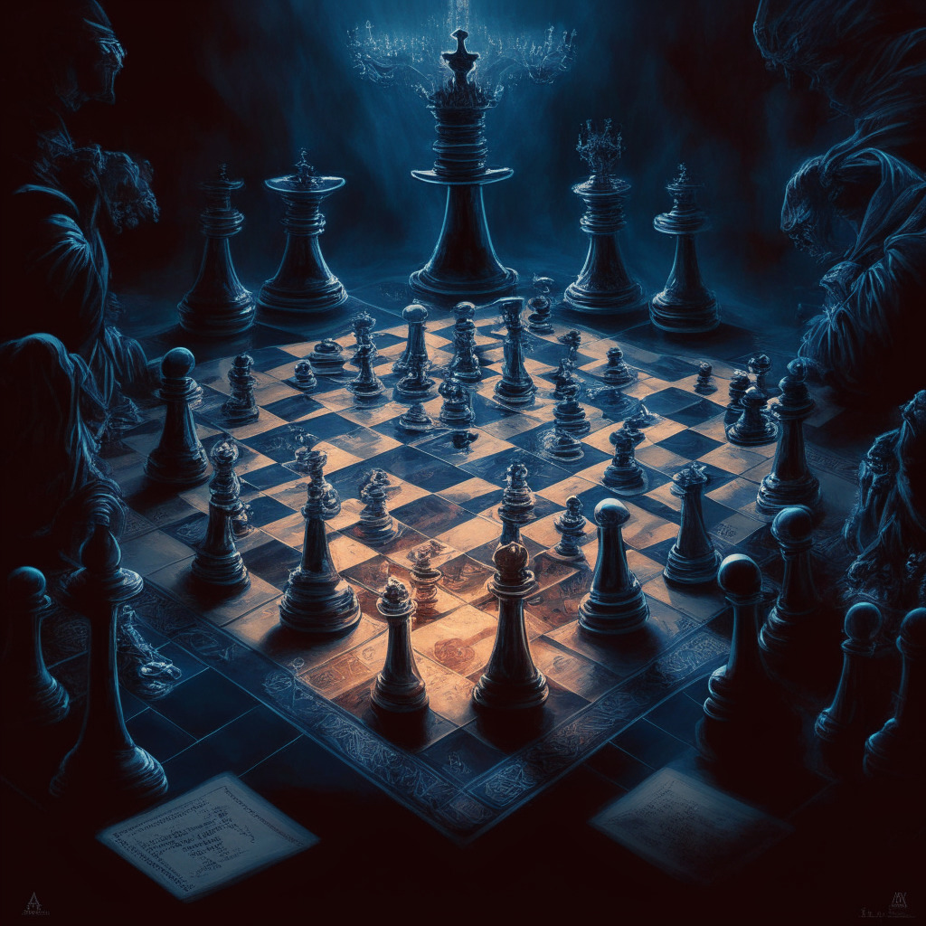Intricate financial chessboard, CFTC and SEC locked in a regulatory duel, contrasting crypto classifications, Ethereum and Bitcoin at the center, unsettling atmosphere for investors, dimly lit battleground, chiaroscuro painting style, mood of uncertainty and anticipation, evolving regulations, potential impact on the crypto industry.