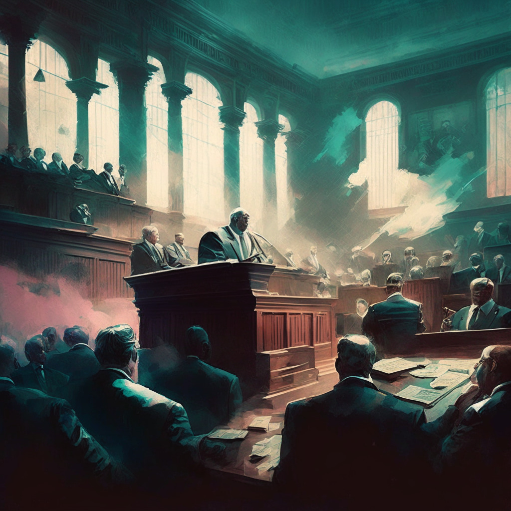 Intricate courtroom scene, pastel colors, chiaroscuro lighting, hazy atmosphere, tense mood, crypto exchange lawsuits, politicians, central bank digital currency race, US presidential election, Wall Street giants, subtle power struggle, financial landscape, swirling uncertainty, investor diligence.