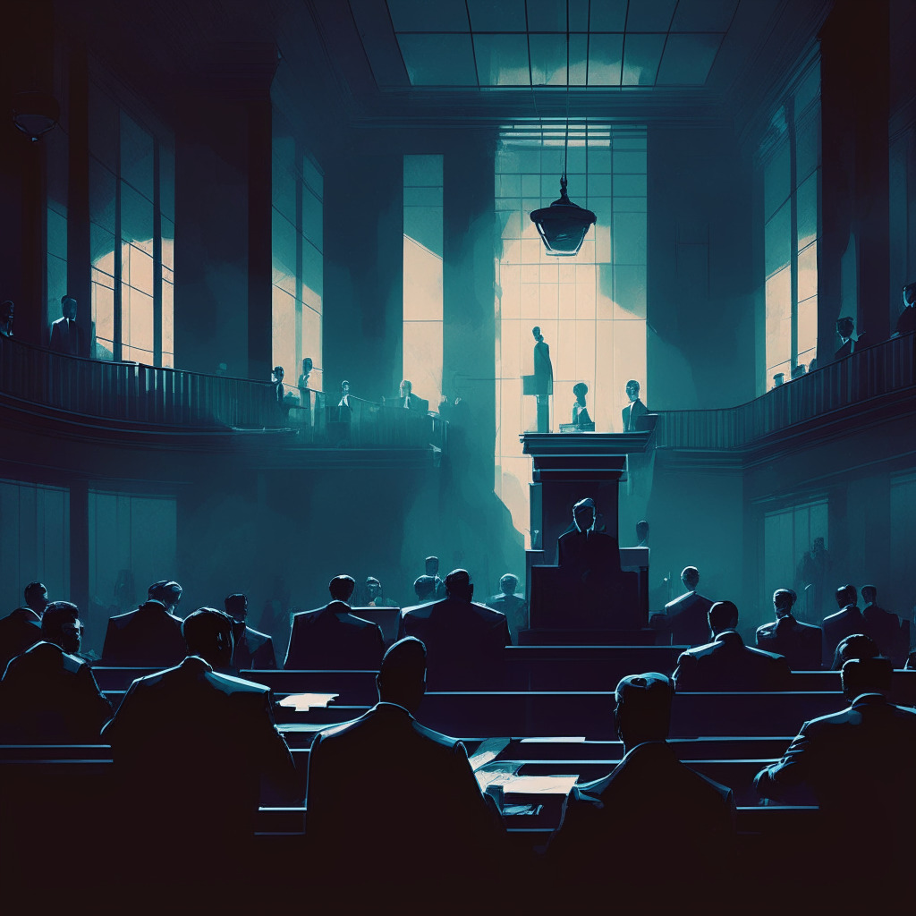 Twilight courtroom scene, blockchain and legal scales interwoven, tense atmosphere, contrasting colors, chiaroscuro lighting, subtle hints of corporate figures, underlying theme of decentralization vs centralization, struggle symbolic to crypto world, and transparency as an ethereal presence.