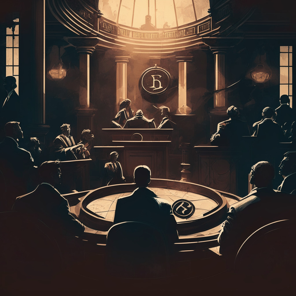 Intricate courtroom scene, judge and lawyers debating, juxtaposed with a fading cryptocurrency symbol, Baroque style, dimly lit, contrasting shadows and highlights, somber mood, expressions of determination, confusion, and uncertainty, soft, cool color palette.