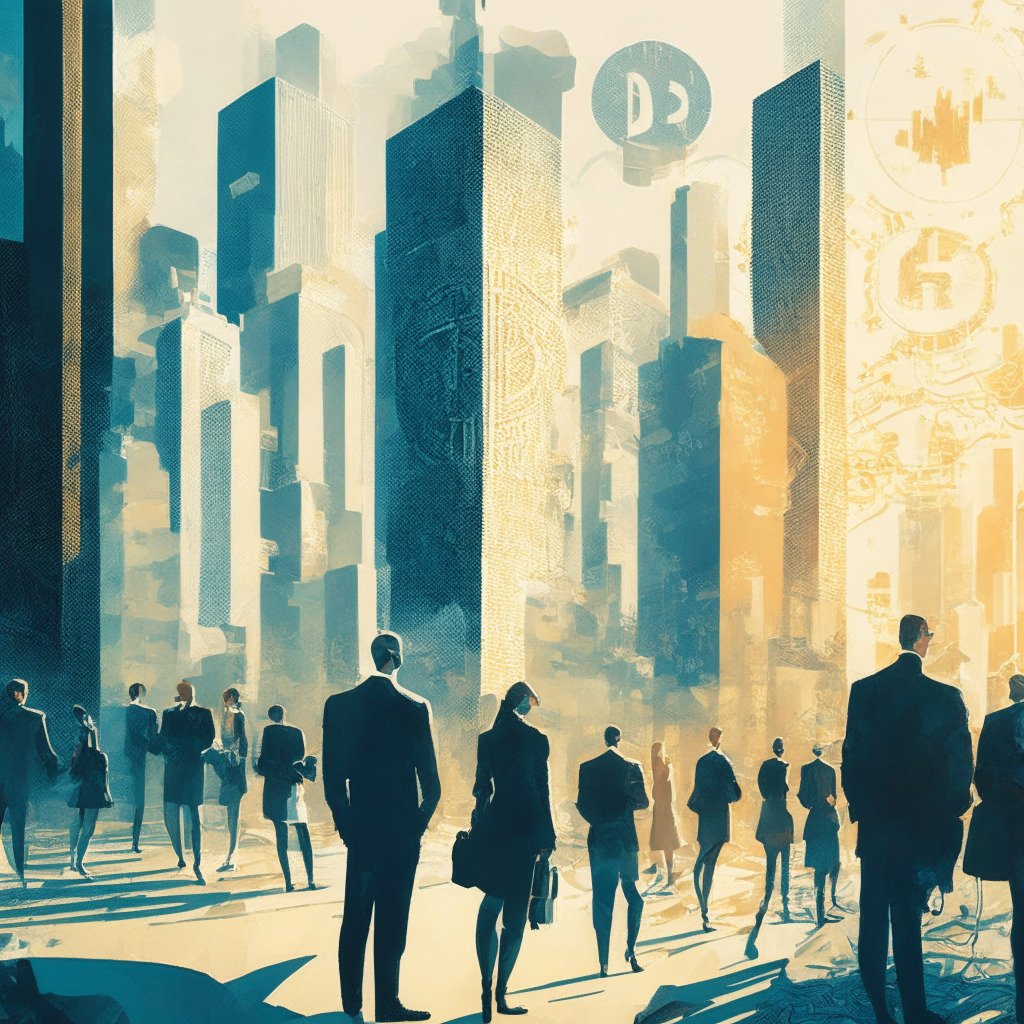 Intricate cityscape with a cryptocurrency theme, diverse businesspeople engaging in dialogue, daylight with soft shadows, sophisticated painting style, foreground focusing on a balanced scale with cryptocurrencies on one side and regulations on the other, dynamic composition, hopeful and collaborative mood.