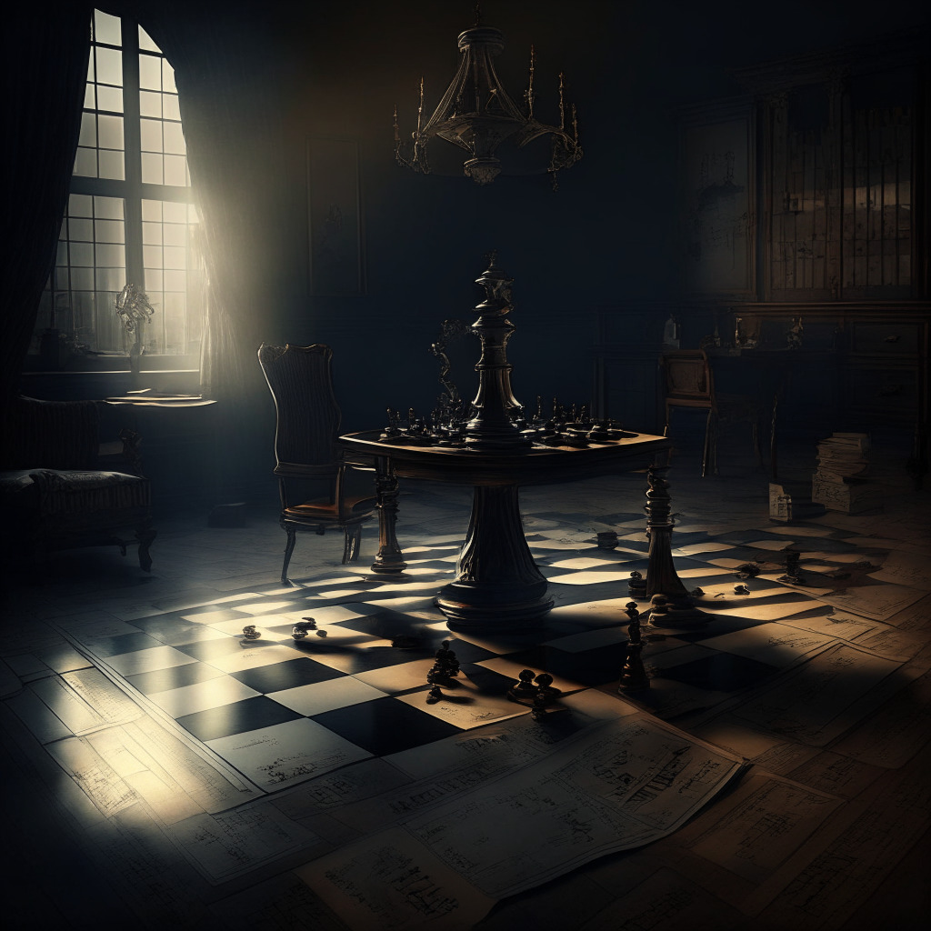 Bankruptcy restructuring scene, chessboard with legal documents, hourglass, debt converted to ownership, dimly lit room, baroque style, shadows and highlights, somber mood, hint of revival, skeptical yet hopeful, dark clouds and sunrays, rising stocks, digital currency.