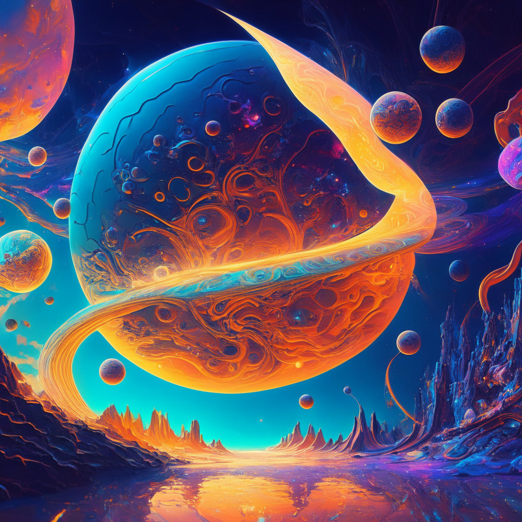 Futuristic cosmos scene, DeFi landscape, intertwined blockchain planets, native stablecoins orbiting, subtle celestial glow, Baroque-inspired art style, dynamic motion, harmonious liquidity flow, ignited Cambrian explosion, vibrant colors, lively mood, hints of financial stability, blockchain interconnectedness, artistic representation of DeFi growth potential.
