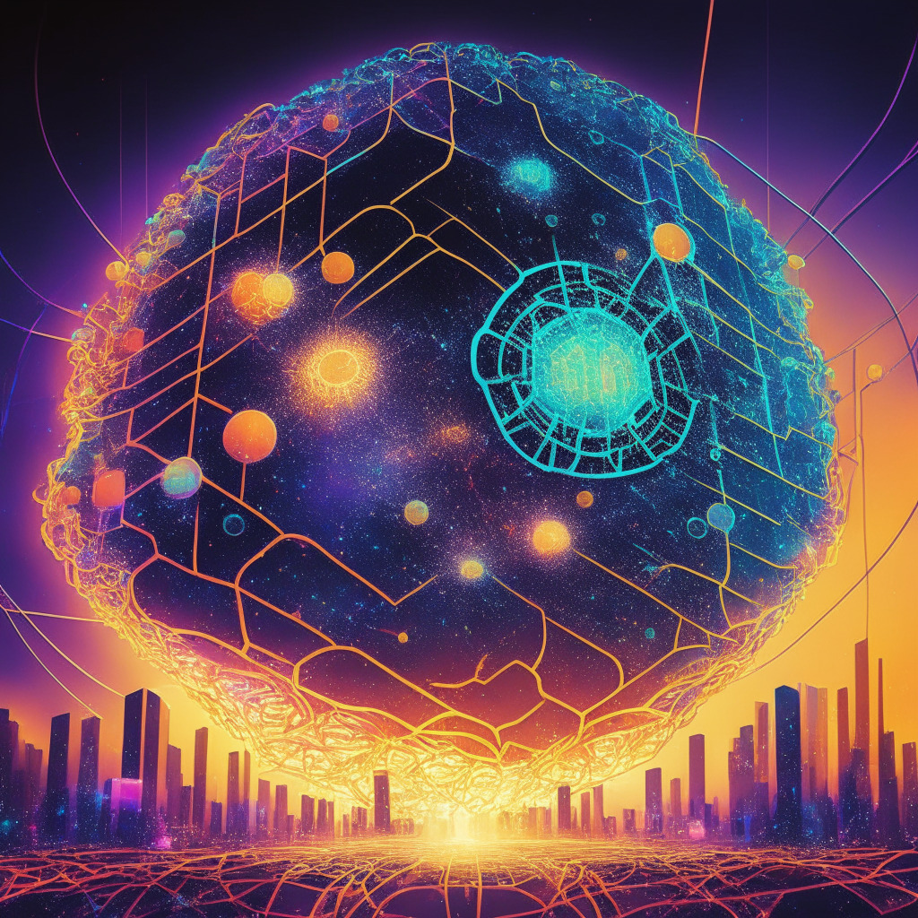 Intricate blockchain network scene, vibrant colors, fluid art style, low-key dramatic lighting, futuristic skyline representing regulation, balance of centralization and security, SEC shadow looming, subtle protective aura around Cosmos Hub, uncertain yet resilient mood, ATOM token glowing at the core of the image.