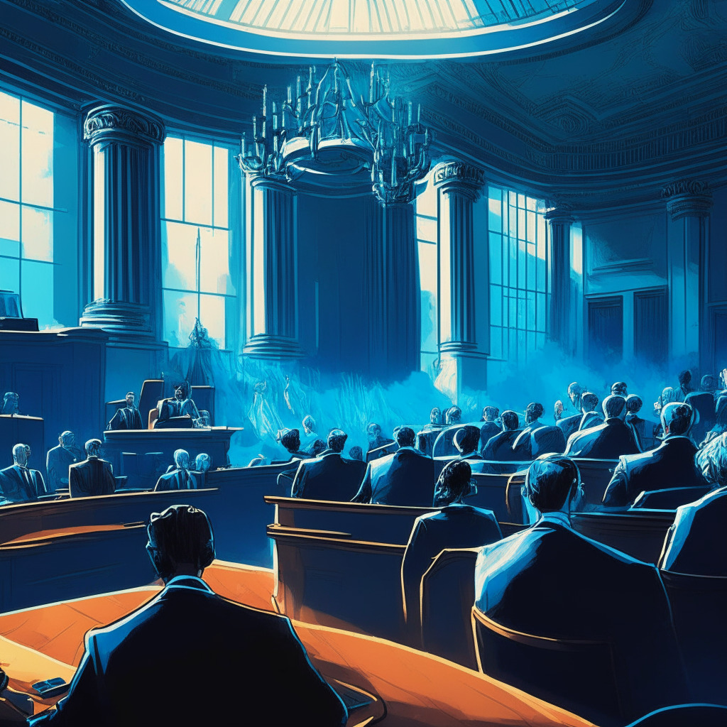 Cryptocurrency hearings countdown, June 13, 2023, detailed courtroom, sunlit atmosphere, officials and investors on edges of their seats, air of anticipation, suspenseful chiaroscuro style, hues of blue signifying uncertainty, hint of warm colors for optimism, contrasting opinions on regulation, balance between harmony and conflict.