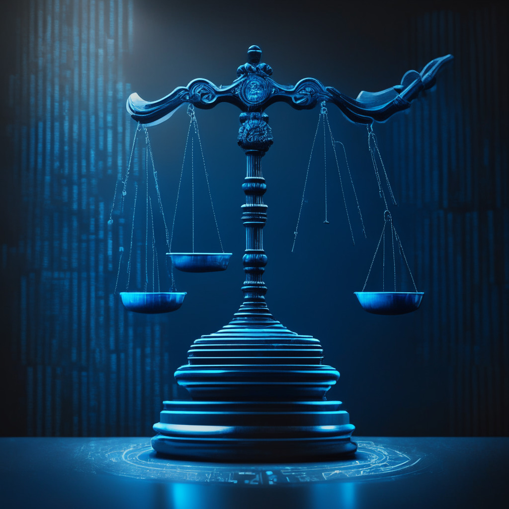 Intricate gavel hovering over a digital network, DAO represented as interconnected nodes, balance scales symbolizing legal accountability, vivid shades of blues & grays, courtroom background with subtle blockchain elements, chiaroscuro lighting evoking seriousness, mood of tension & landmark decision, 350 characters max.