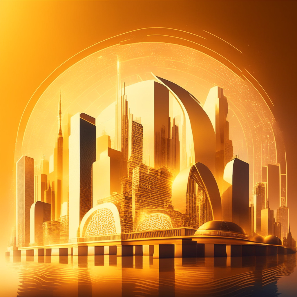 Futuristic crypto-friendly bank concept, warm golden hues, soft lighting, elegant metropolis skyline, smooth architectural lines, dynamic bridge connecting traditional finance & crypto realms, engaged diverse team collaborating, serene & optimistic atmosphere, essence of innovation & opportunity.