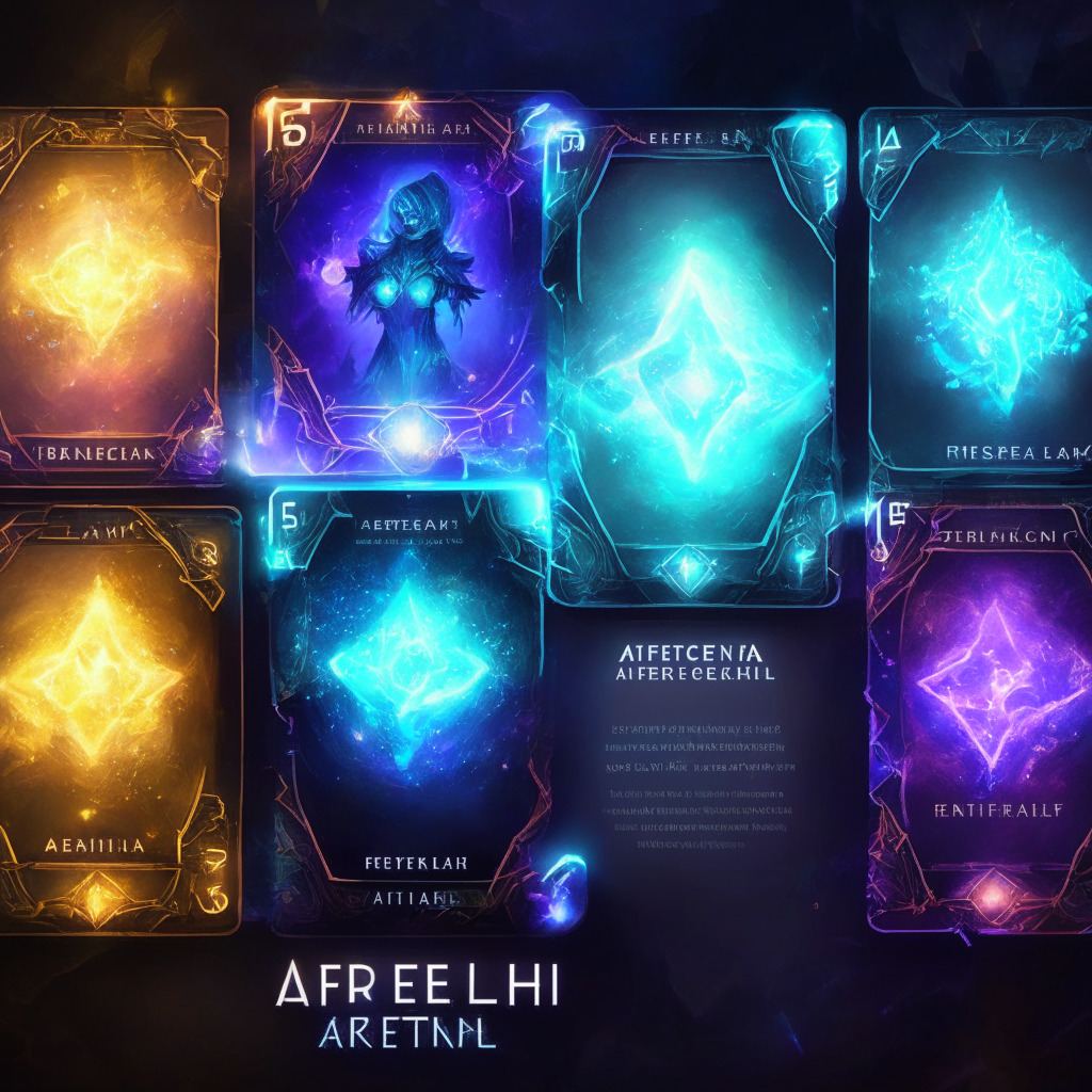 Ethereal card game arena, mobile-first collectible cards, NFT integration, glowing heptagram, strategic 1v1 battles, diverse card elements, luminous trinities, rich artwork, chiaroscuro lighting, intense and rewarding atmosphere, elements of mystery and challenge, unique mechanics, captivating experience.