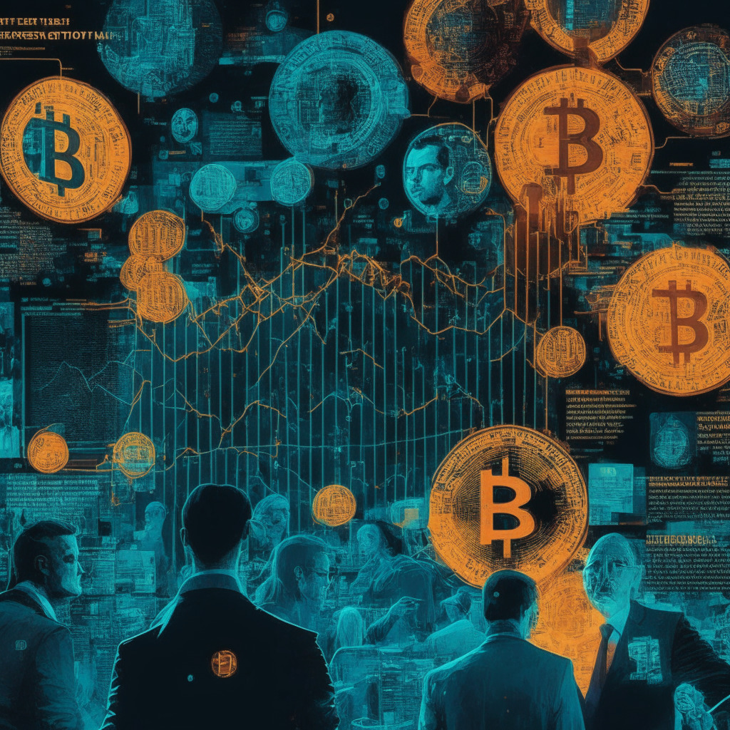 Cryptocurrency market surveillance, a collage of spot Bitcoin ETF issuers, regulators in action, an abstract financial web, glowing stock exchange map, balancing on the edge of approval, a subtle gleam of hope, tensions of potential approval, determined faces of investors, a cautious atmosphere.