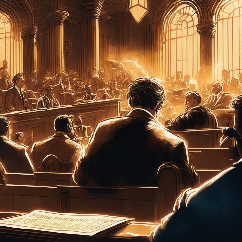 Intricate courtroom scene, SEC vs Ripple Labs, subtle tension in the air, chiaroscuro lighting, key documents scattered between opposing lawyers, golden hue cast on dignified judge, undertones of hope and uncertainty, a pivotal moment for the crypto industry. (No brands/logos, 350 characters)