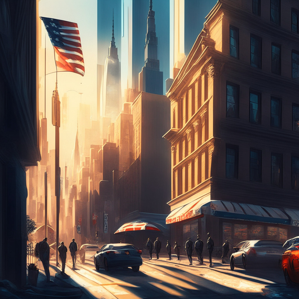 Sunlit urban street with crypto ATMs, diverse city dwellers exchanging fiat for cryptocurrency, Australian cityscape backdrop, US & Canadian flags, moody atmosphere, emphasis on security with encrypted data symbols, dynamic balance between growth and risk, painterly style & chiaroscuro lighting.