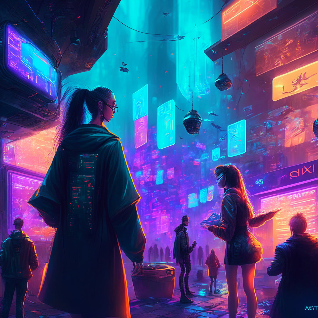 Metaverse scene, crypto transactions, diverse avatars, futuristic urban setting, ethereal glowing lights, soft shadows, cyberpunk aesthetic, dynamic composition, sense of movement, vibrant colors, optimistic mood, digital wallets, interconnected platforms, virtual and physical worlds merging, unifying currencies, secure exchanges, enhanced security measures.