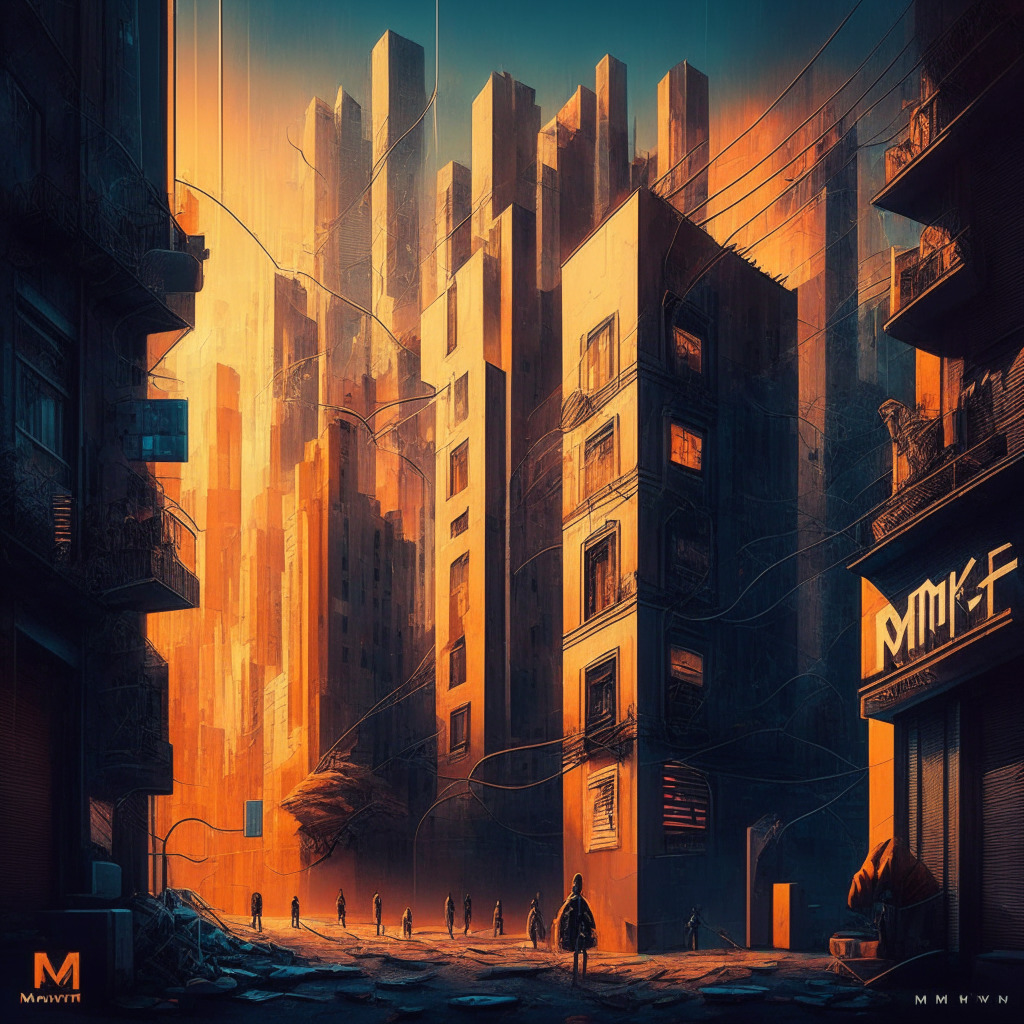 Intricate urban landscape, contrasting warm and cool colors, chiaroscuro lighting, Crypto users connecting with real identities, underlying tension of privacy debate, elements of Monero and Zcash subtly present, optimistic merging of tech and society, mixing realism with subtle surrealism.