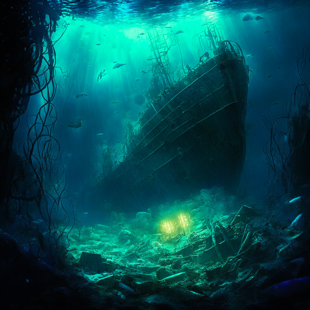 A dark, stormy underwater scene at the Titanic wreckage, OceanGate Titan submarine missing, crypto coins floating among debris, contrasting with vibrant colors symbolizing hope and despair. A dim, ethereal light illuminates the scene, emphasizing a tense atmosphere, conveying the moral quandary of betting on human lives in a blockchain-based dystopia.