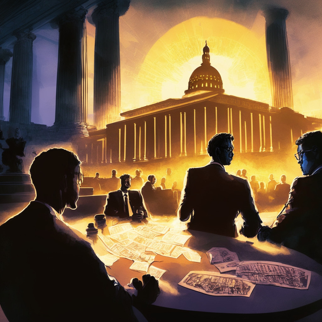 Congress debate on crypto bill, twilight setting, impressionist style, Maxine Waters (D) & Patrick McHenry (R), tense atmosphere, SEC & Treasury building in background, ray of light symbolizing balance between investor protection & innovation, subtle reflection of crypto symbols on table, shadows representing market uncertainty, hopeful undertone.