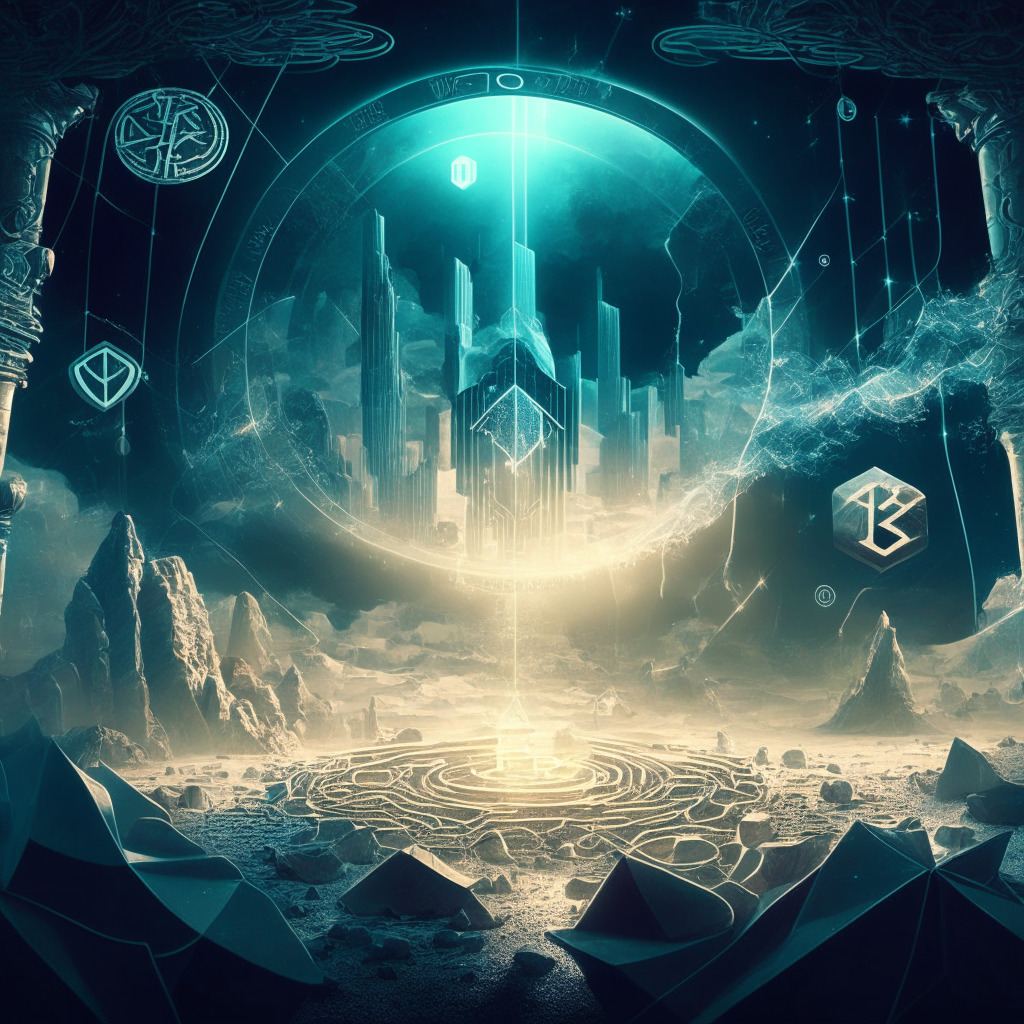 Crypto billionaire's strategic move, ethereal landscape with digital tokens, Tron network elements, contrasting light and shadow, Baroque-style composition, air of mystery and calculation, dynamic and volatile market atmosphere, anticipation of future trends, interconnected blockchain ecosystem, subtle nod to influential figures.