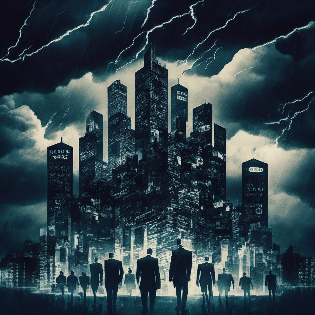 Crypto CEOs amid SEC crackdown, dark stormy skyline, towering skyscrapers, regulatory scales balancing innovation & security, somber mood, chiaroscuro lighting, currency symbols fading, prominent SEC logo, chaos & uncertainty, stylized in a dramatic neo-noir visual representation.