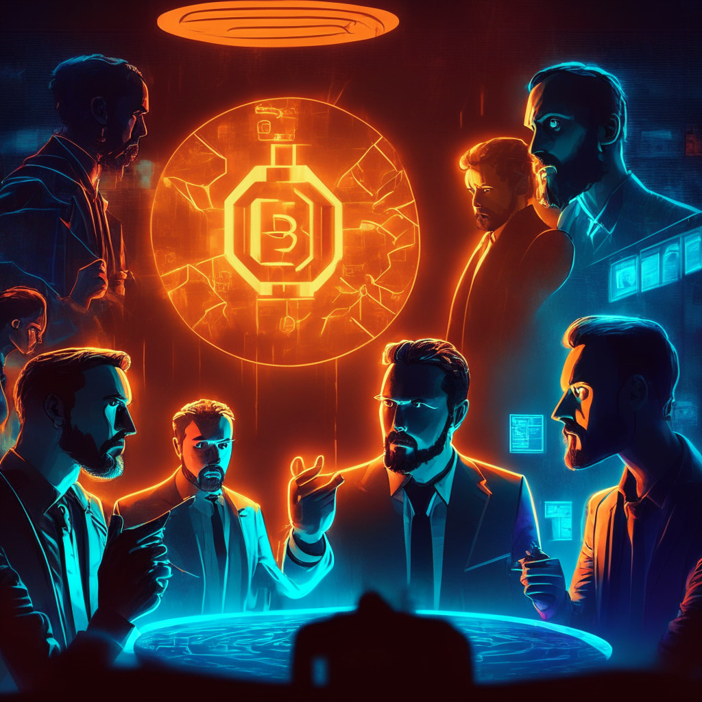 Crypto debate scene: skeptical and enthusiastic characters, digital currency symbols, balanced scale, glowing matrix-style backdrop, intense vs calm facial expressions, contrasting warm and cool colors, chiaroscuro lighting, hints of satire, dynamic composition, mood of tension and curiosity.