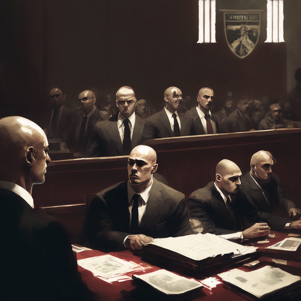 Intricate courtroom scene, tense atmosphere, chiaroscuro lighting, Crypto CEO with shaved head, forged passports on evidence table, Montenegrin flag, perplexed judge and prosecutors, blend of realism and expressionism, somber mood, Terra ecosystem coin, awaiting judgment, international legal complexities.