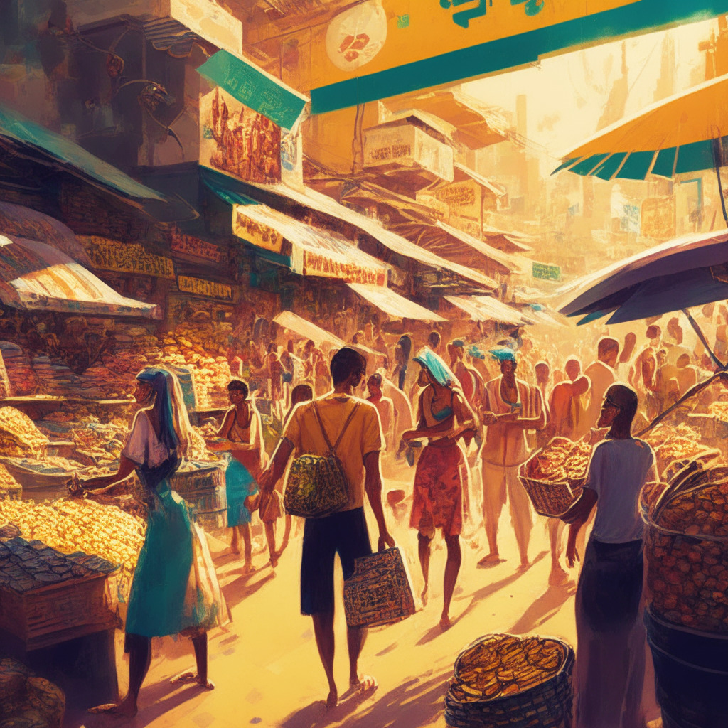 Intricate urban scene, bustling Brazilian marketplace, people shopping for groceries and dining, vibrant colors, warm sunlight, hints of futuristic technology, diverse individuals using digital wallets and crypto cards, content and lively atmosphere, subtle visual representations of Bitcoin and other cryptocurrencies, impressionistic style.