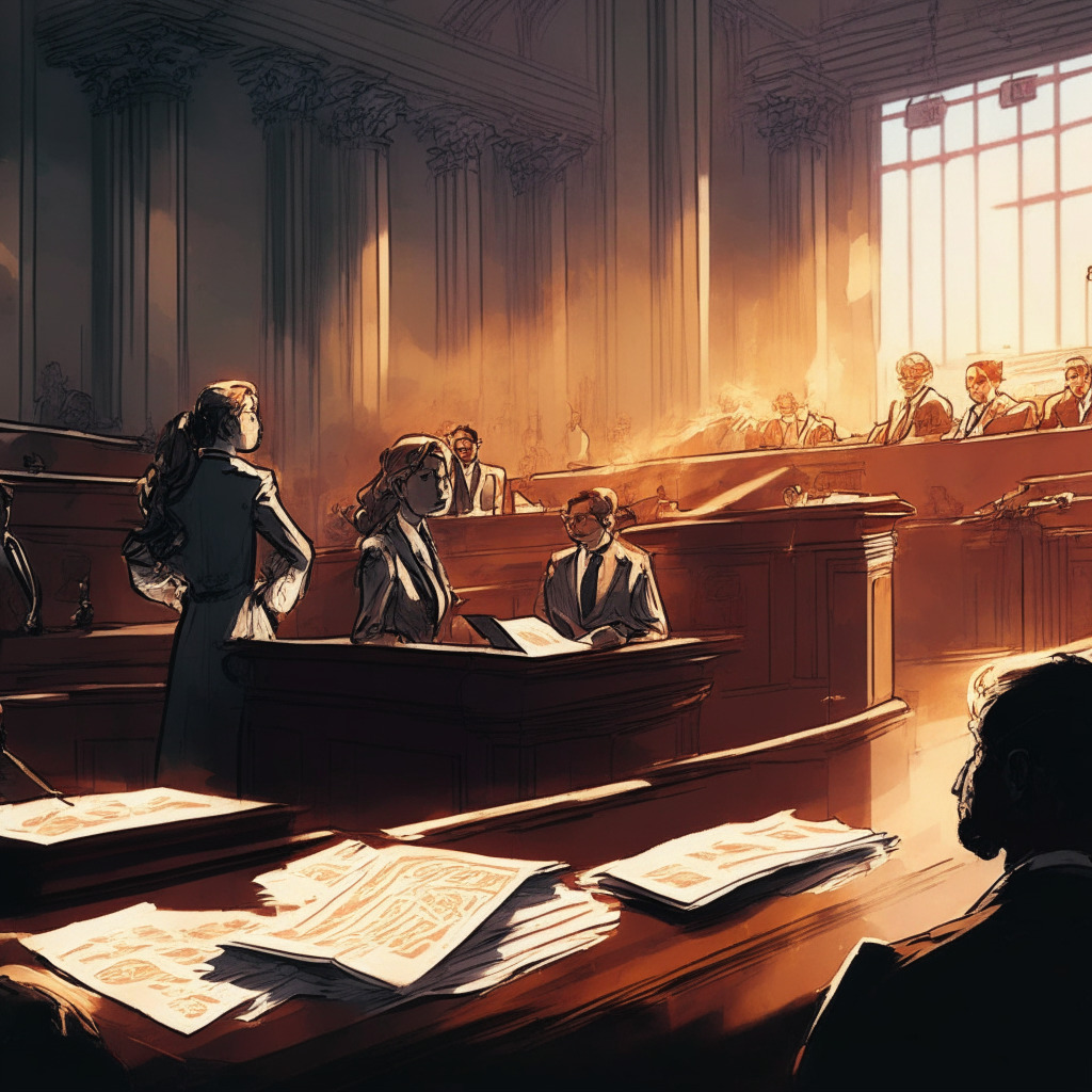 Elegant courtroom scene, co-founder suing in crypto chaos, intense exchange amid former friends, soft yet dramatic lighting, fading documents symbolizing copyright, uncertain future of Hodlnaut, South Korean crypto market turmoil, successful 3AC Ventures comeback, subtle fiery undertones, hazy vision of resilient companies, contemplative mood captures industry's uncertainty.