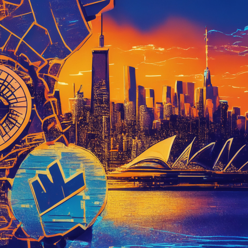 Sydney's vibrant crypto culture, sunset lit cityscape, diverse blockchain community gathered, financial infrastructure, Bitcoin ATMs, 25 Coinmap venues, glowing artistic style, Ethereum watermark, precarious bank relationships, BitConnect scheme shadows, innovative startups, impressionistic strokes, blockchain education, supportive mood, rising leaders, evolving trends.