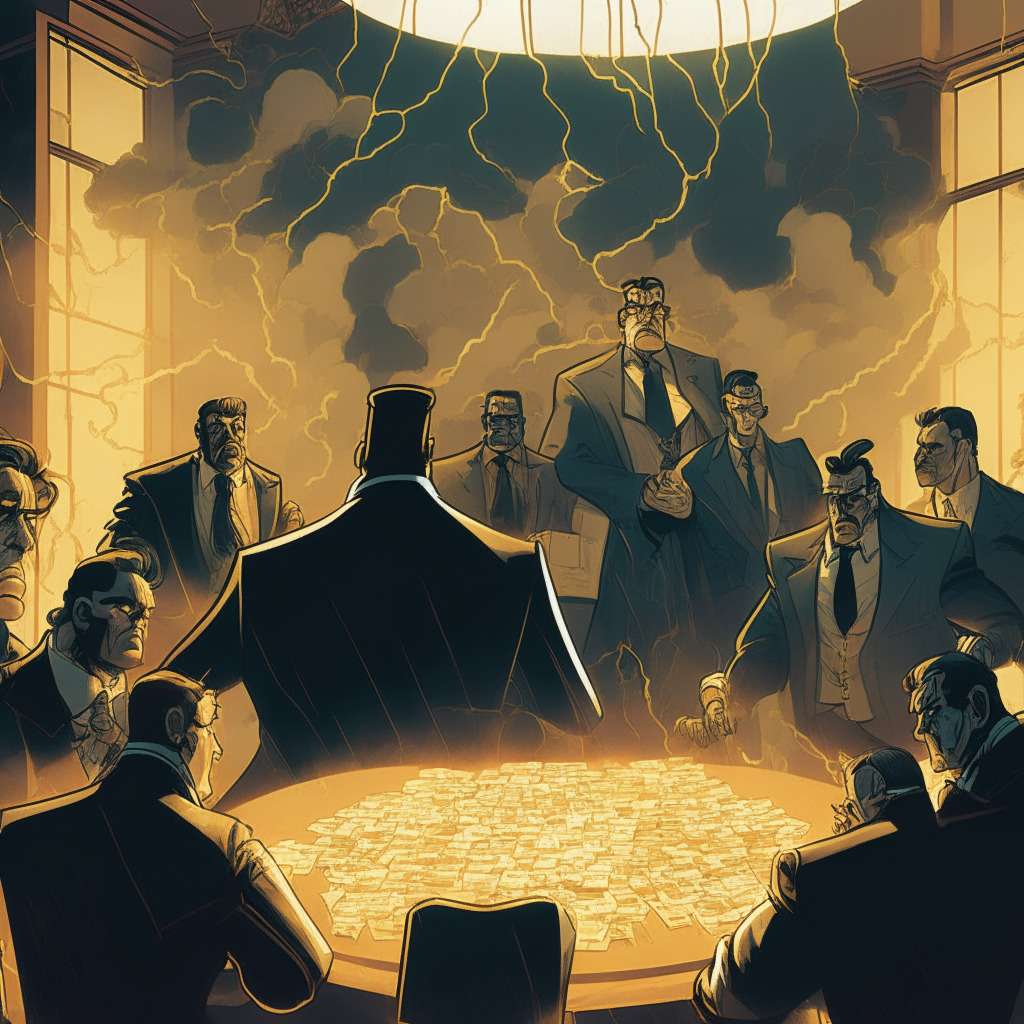 Crypto clash scene, Wall Street giants vs. blockchain, mood: tense and uncertain, intricate Art Nouveau style, dimly lit boardroom, contrasting shadows, intense facial expressions on business people, golden decentralized web in the background, large scale towering over the table, looming SEC decision like a storm cloud, infusion of traditional and crypto elements.