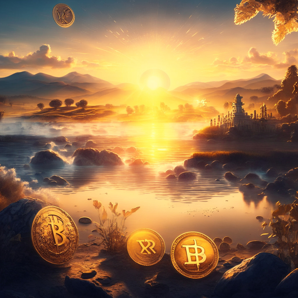Sunrise over diverse crypto landscape, XRP, Lido DAO, and Terra Classic coins shining brightly, Baroque art style, soft golden light illuminating success, reinforced support and rising values, serene and optimistic mood, a hint of upcoming challenges, crucial research on the horizon.