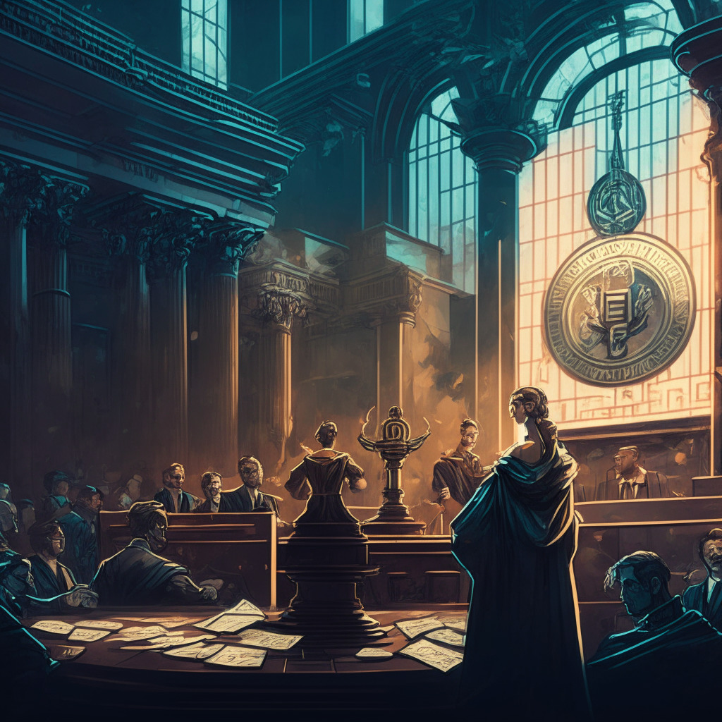 Artistic courtroom scene, scales of justice in the forefront, a blend of renaissance and cyberpunk styles, warm yet intense lighting, mosaic of various cryptocurrencies, lawyer with a laurel wreath, mood of determination and unity, subtle reflections of supportive crypto community, emphasis on independent investigation, slightly blurred edges to denote uncertain outcome.
