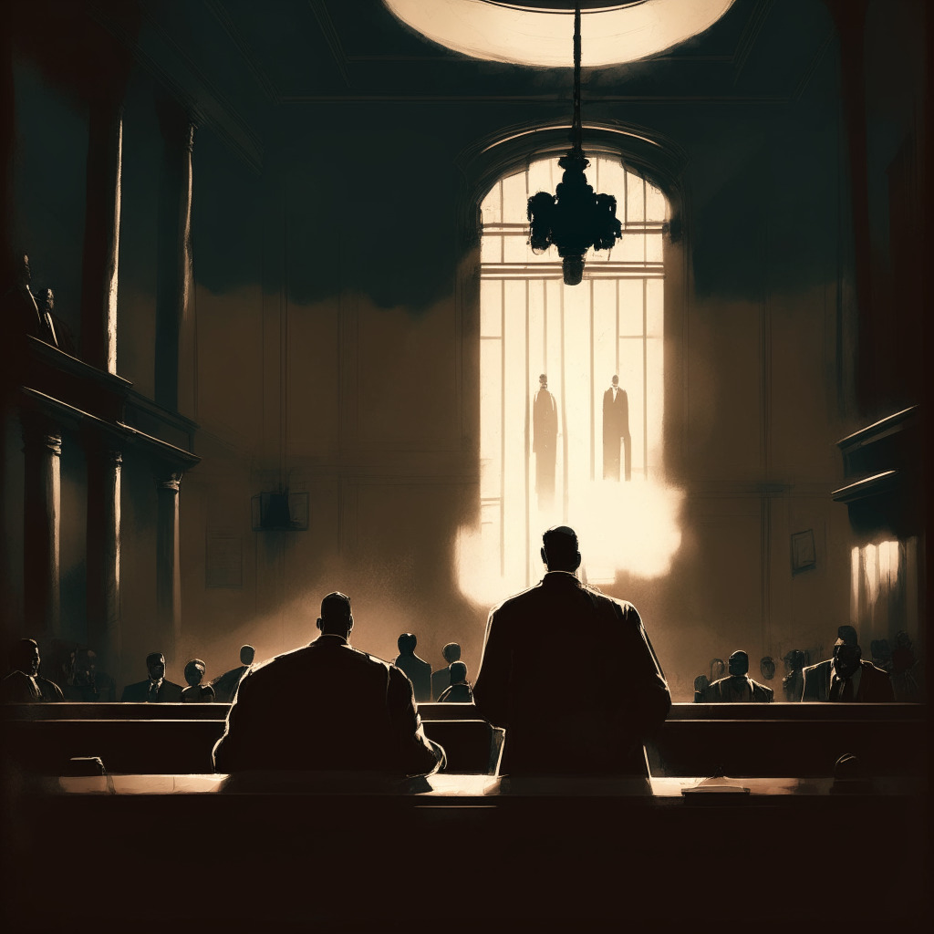 Intricate courtroom scene, two figures facing off, one small but resilient (ZachXBT), one larger and imposing (Jeffrey Huang), dimly lit room, chiaroscuro style, underdog victory vibe, intense atmosphere, courtroom audience of diverse crypto community members, supportive and united, air of determination, glimmers of light illuminating figure of truth.