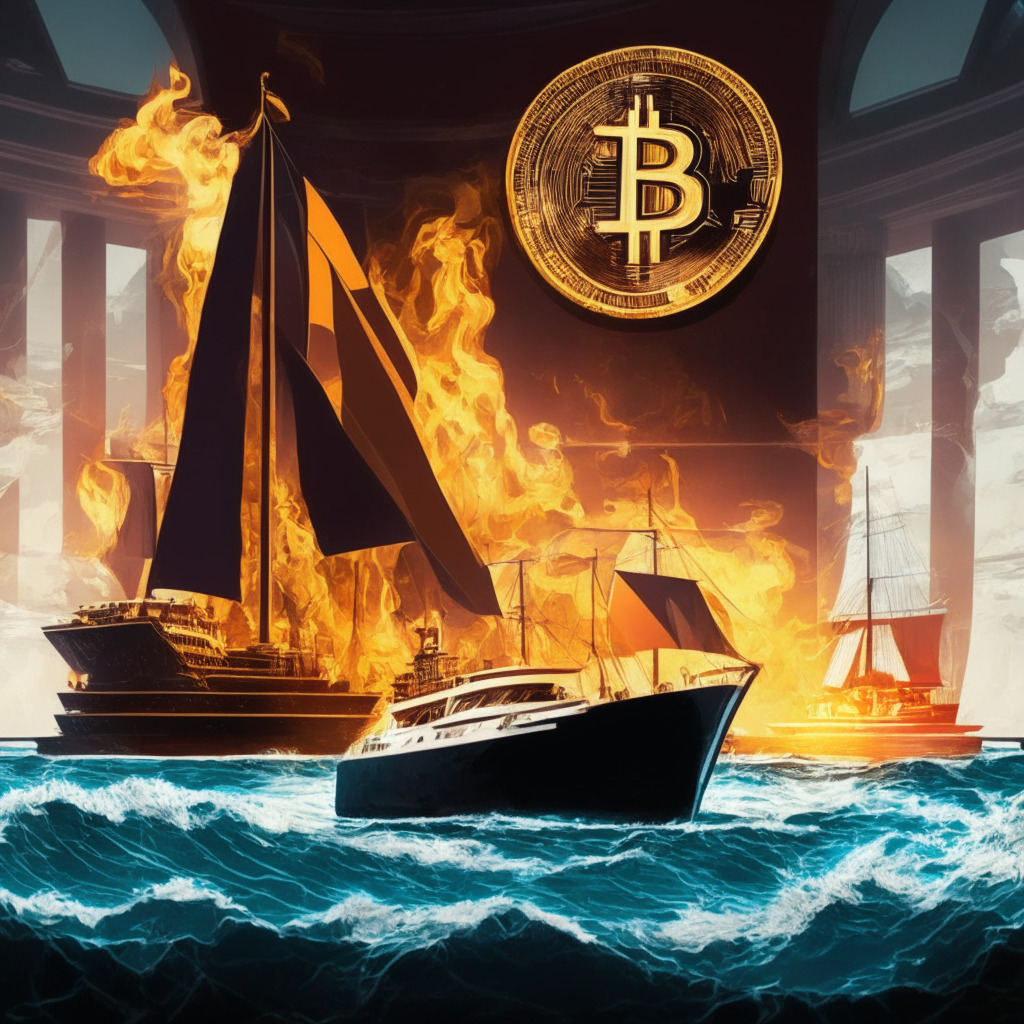 Cryptocurrency controversy, legal dispute, fiery courtroom, balanced regulation debate, striking contrast between luxurious yacht & private island and market instability, frustrated judge seeking compliance, tension-filled hearing, sobering reminder for investor safety, shadowy crypto-regulation backdrop.