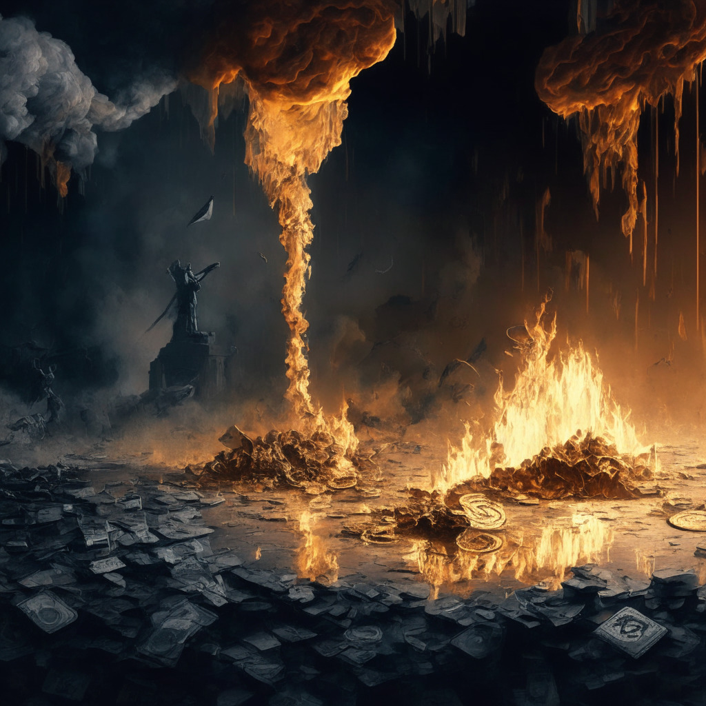 Crypto market crash scene, fiery digital landscape, crumbling coin structures, hopeless traders, chiaroscuro lighting, Baroque style, moody and intense, Bitcoin and Ethereum shattering, altcoins plummeting, SEC lawsuits shadow looming, grayscale contrasts, liquidity drained pools, SHIB selloff storm, cautionary tale ambiance.