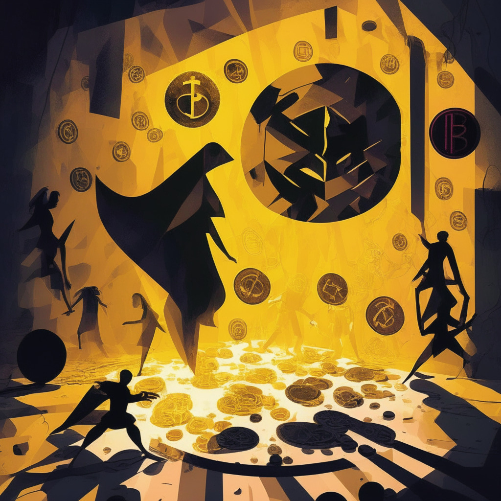 Abstract crypto art, playful mood, crowdfunding twist, warm lighting, surrealistic style, polarized emotions, theatrical stage, social media influence, fluctuating balance between trust & exploitation, ethical dilemma, shadows casting doubts, duality of intentions, currency chaos, interconnected audience.
