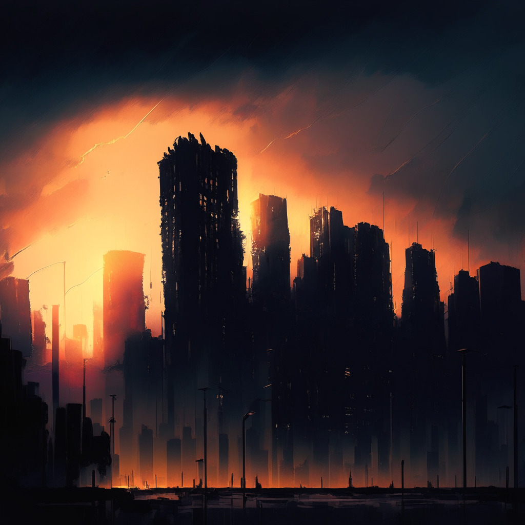 Eerie sunset over a struggling financial city, high contrast shadows, oil painting texture, tense mood, stormy clouds sheltering a blockchain network, a delicate scale balancing assets & liabilities, shadowy figures expressing distrust, hints of emerging regulatory framework connecting city's structures.