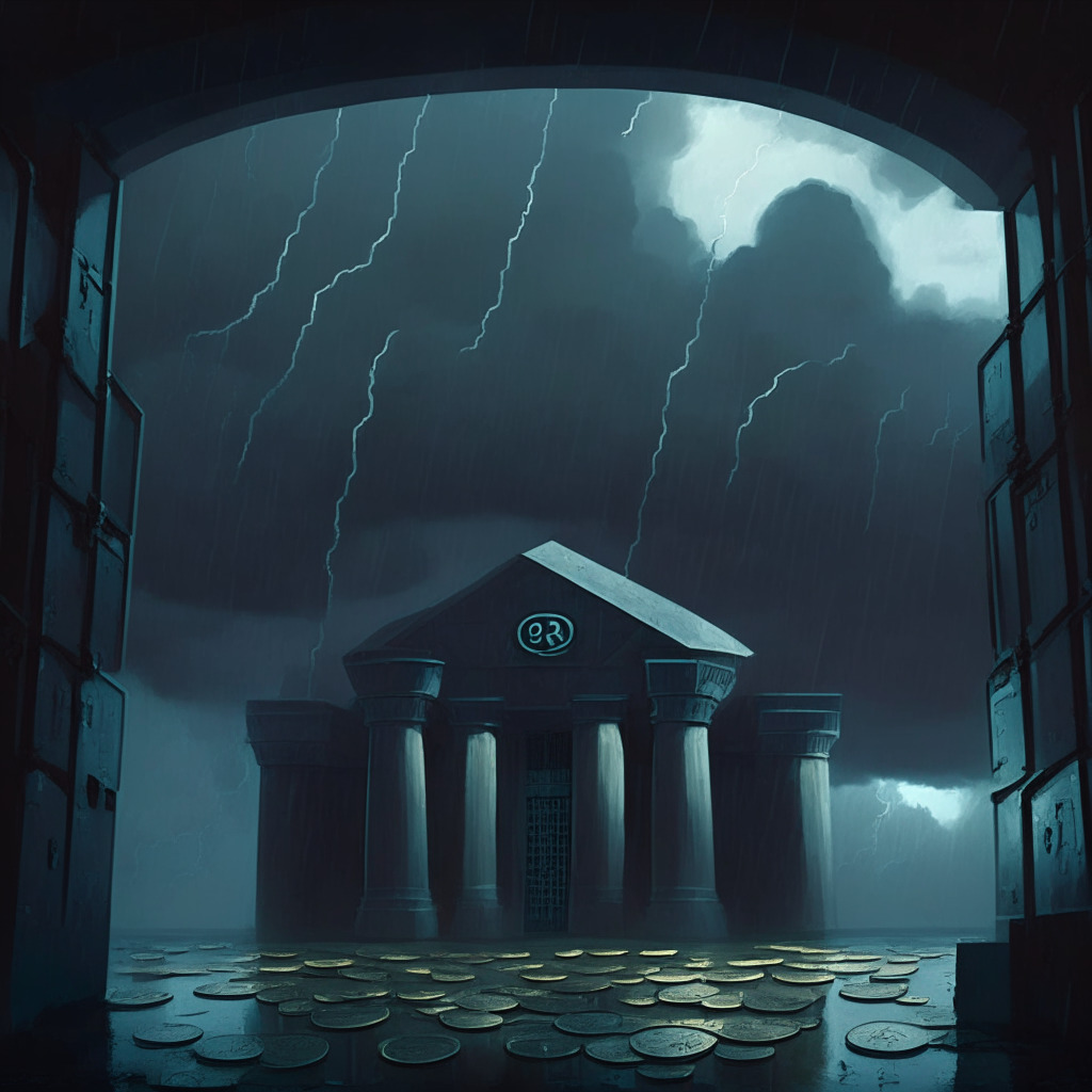A gloomy financial landscape under an ominous stormy sky, huge vault doors mysteriously unable to be accessed. Foreground displays digital chains and coins floating, hinting at intangible assets. The mood is skeptical and concerned, with eerie low light casting long shadows, all painted in a surreal, Edward Hopper-style subdues palette.