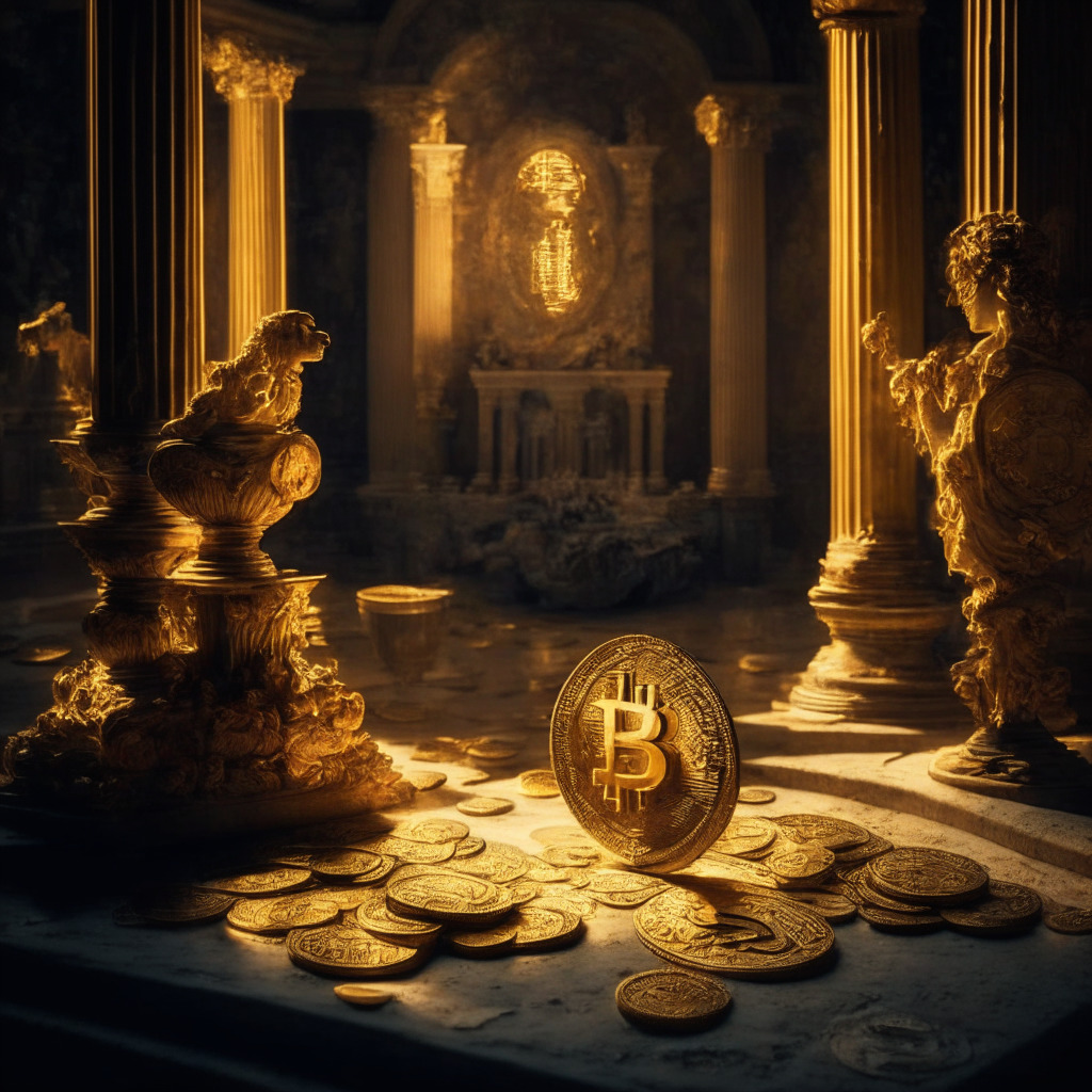 Intricate, baroque-style scene, golden and digital currency tokens in balance, soft warm lighting, contrast between old and new, mood of irony and contemplation. Crypto critic Peter Schiff's hacked Twitter, physical gold vs digital currency debate, NFT exploration, question of coexistence.
