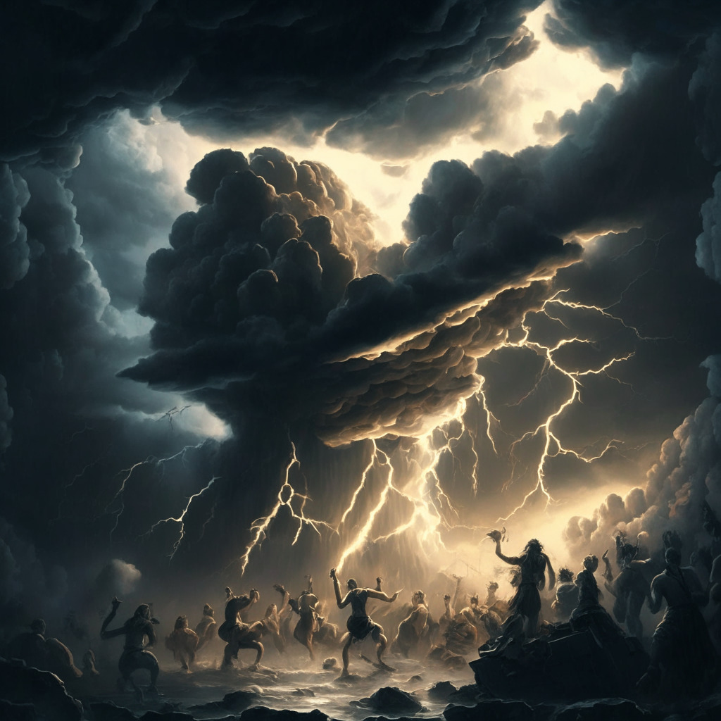 Crypto market turmoil scene, chiaroscuro lighting, intense mood, Renaissance style, BTC and ETH towering amidst collapsing altcoins, SEC storm clouds looming, investors seeking shelter, hints of market recovery, uncertain future for smaller tokens, no brand names or logos.