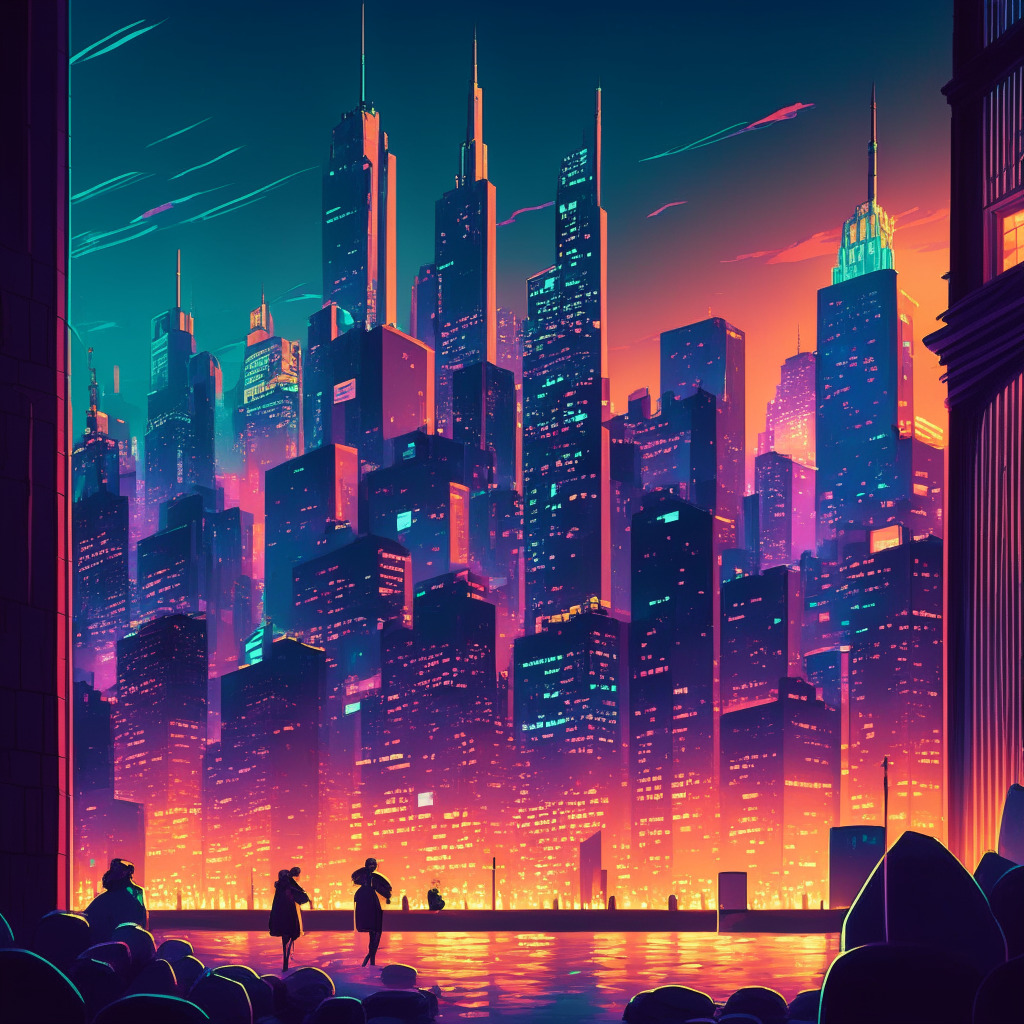 Crypto ETF resurgence, twilight cityscape with glowing financial district, optimistic color palette, bustling market atmosphere, institutional investors injecting capital, increasing Bitcoin derivatives, contrasting hesitant SEC approval, race for spot Bitcoin ETF approval, dynamic crypto industry.