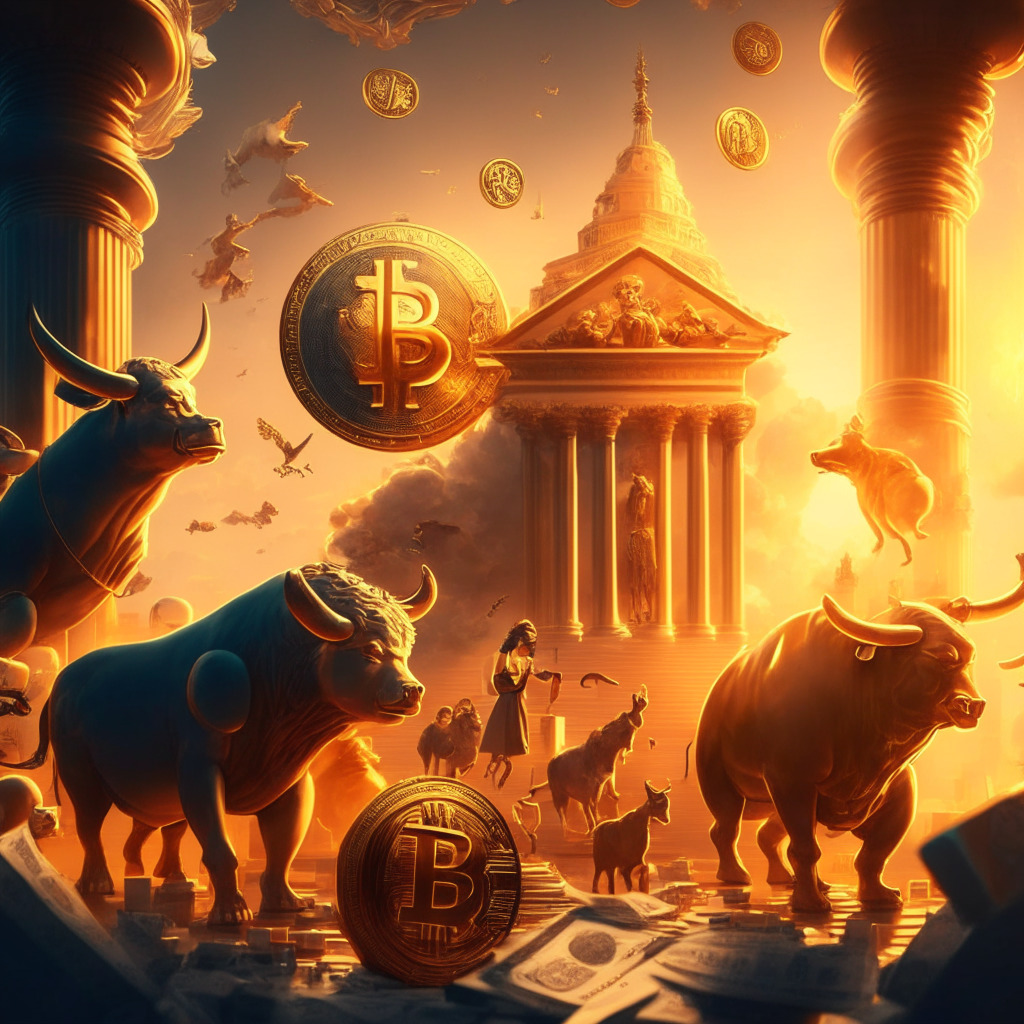 Cryptocurrency-themed image, golden hour lighting, Baroque-inspired style, dynamic composition, mix of optimism and uncertainty, characters filing ETFs, Bitcoin towering above Ethereum and altcoins, bullish market amidst complex financial landscape, no logos.