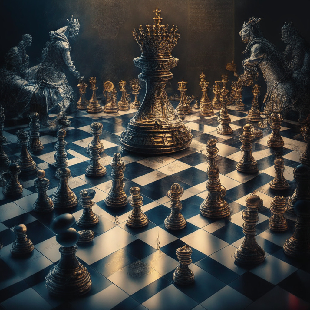 Cryptocurrency battle, chessboard with BTC and SEC pieces, intense clash, baroque style, warm glow of victory, strong textures, pivotal moment, tension-filled atmosphere, investor hopes & concerns, uncertain regulatory outcome, market backdrop with growing demand, Bitcoin's price surge.