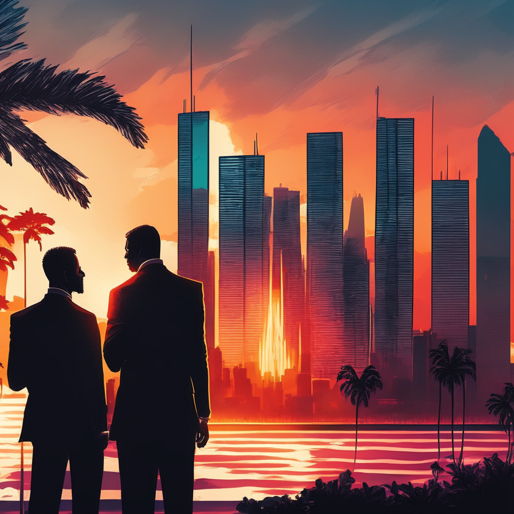 Sunset-lit urban skyline, Francis X. Suarez animatedly discussing, futuristic digital currency backdrop mingling with Miami cityscape, U.S. flag draped subtly, blend of modernism & impressionism, warm yet serious ambiance, underlying theme of innovation amidst uncertainty, blockchain motifs interlaced with political discourse.
